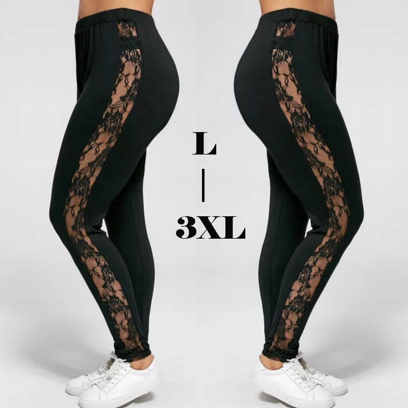 Women Plus Size Sexy Mesh Lace Patchwork Solid Color See-Through Leggings