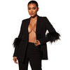 Women Fashion Casual Solid Color Feather Cuff V-Neck Coat Slim-Fit Pants 2pcs Blazer