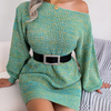 Autumn Winter Women Fashion Casual Boat Neck Shoulder Multicolor Lantern Sleeve Knitted Dress