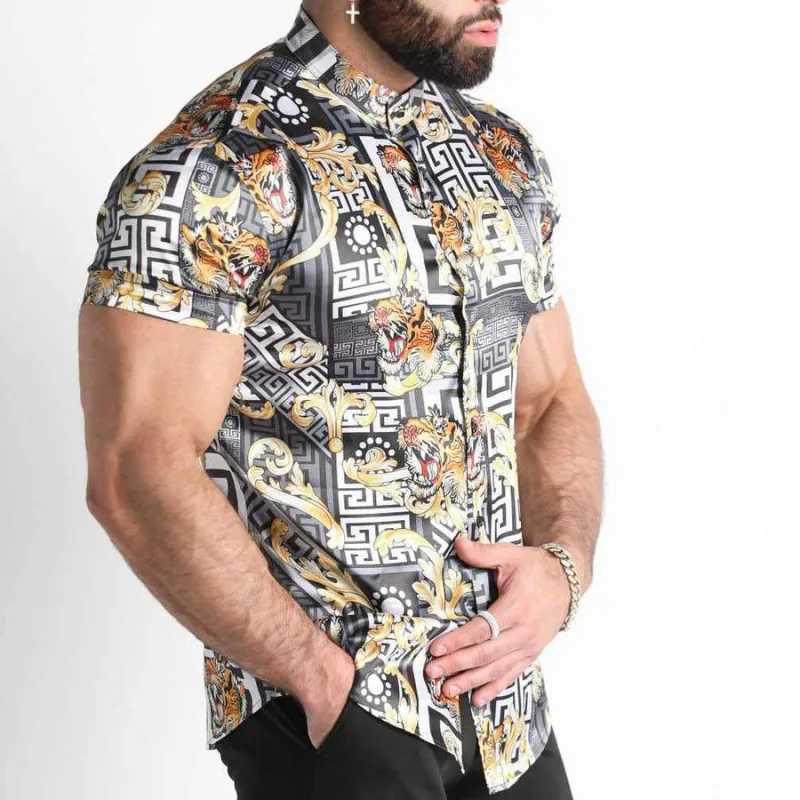 Men Casual Leopard Print Lapel Short Sleeve Slim Shirt