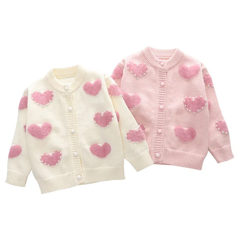 Kids Toddler Girls Autumn Winter Fashion Casual Simple Solid Color Heart Shape Pearl Button Round Neck Sweater