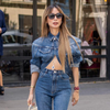 Women Denim Lapel Long Sleeve Button Irregular Crop Top