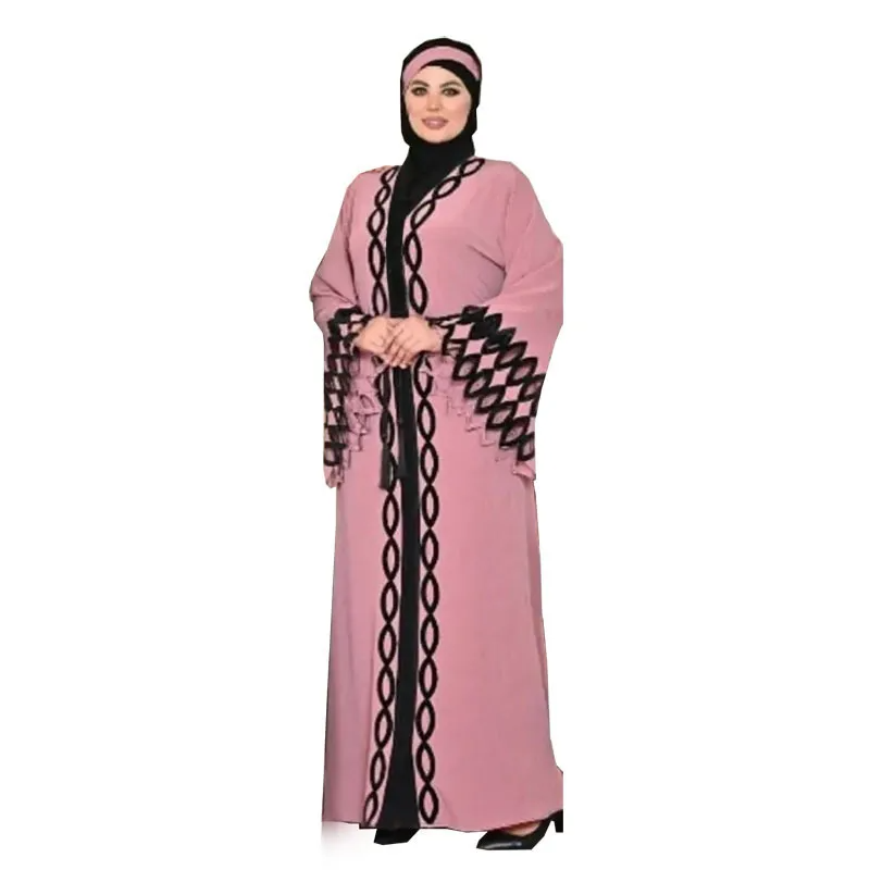 Women Loose Silk Fabric Lace Embellished Plus Size Abaya Turban 2-Pieces Set