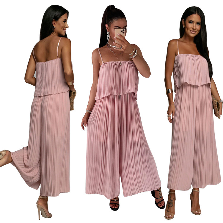 Women Strap Tube Top Pleated Loose Jumpsuit