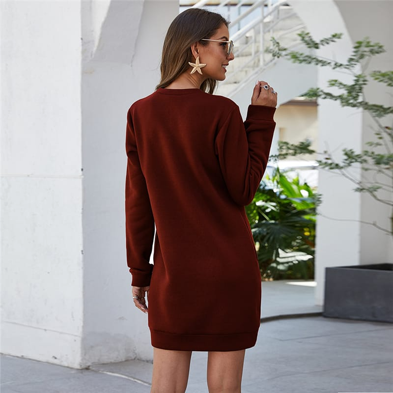 Women Fashion Solid Color Round Neck Dress