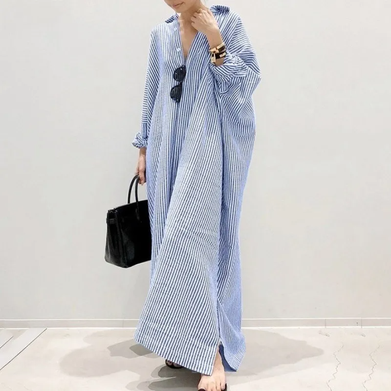 Women Ramadan /Eid Fashion Casual Loose Stripe Cardigan Long Sleeve Maxi Dress