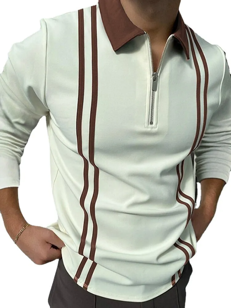 Men Casual Long Sleeve Lapel Half Zipper Stripe Printed Polo Shirt