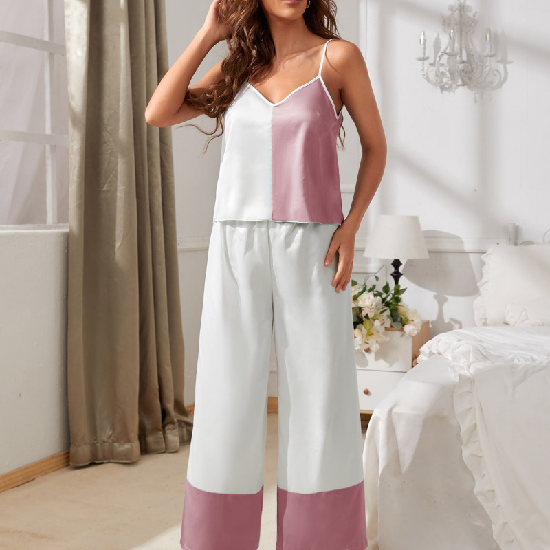 Cozy Women Lingerie Blocking Color Satin Pajamas Sleepwear