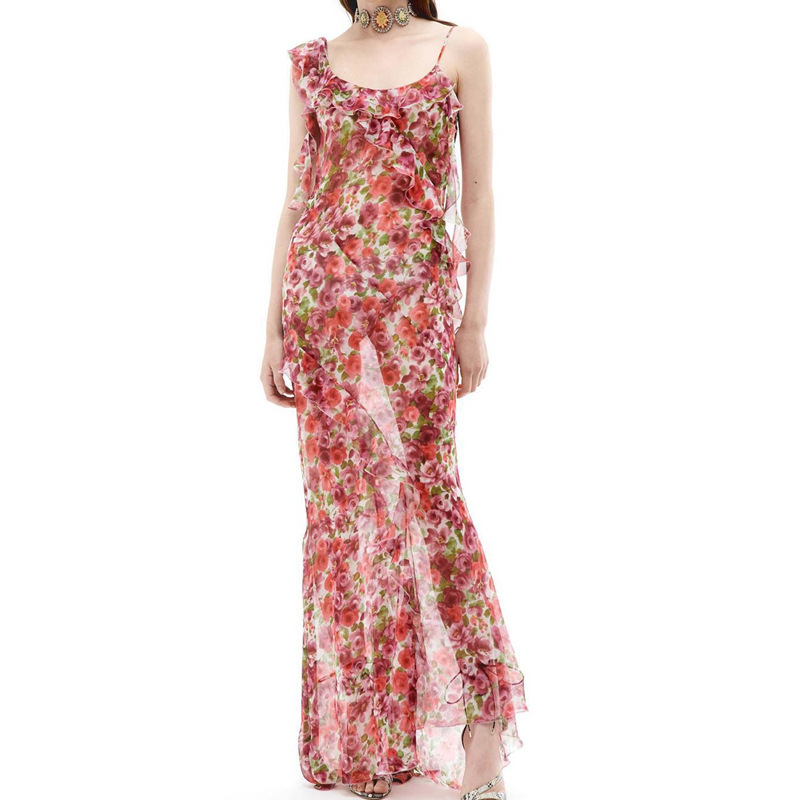 Women Fashion Elegant Tiny Flower Printing Ruffled Slip Dress