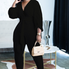 Women Plus Size Fashion Casual Solid Color Rib-Knit Long Sleeve V Neck Jumpsuits