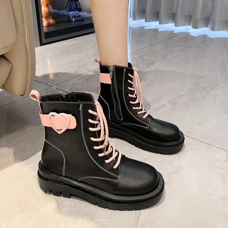 Women Fashion Thick Sole Sweet Cool Lace Up Pink Short Boots