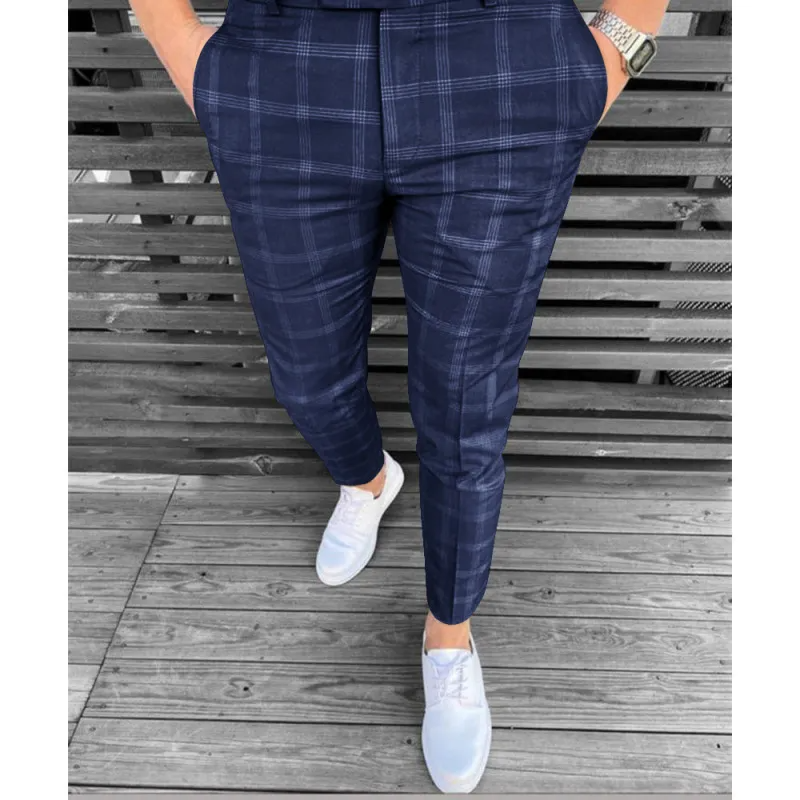 Men Casual Plaid Stripe Pants