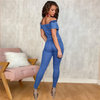 Women Sexy Lace-Up Off-The-Shoulder Denim Jumpsuits