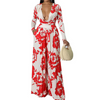 Fashion Casual Floral Printed Sexy V-Neck Long-Sleeved Blouse Wide-Leg Pants Two-Piece Set