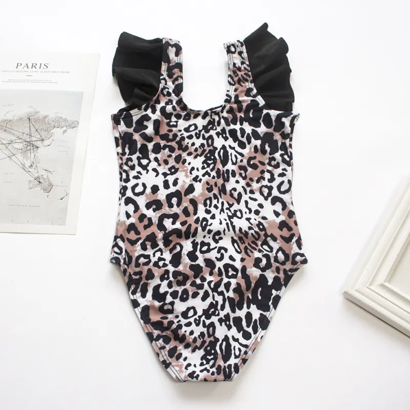 Children Kids Baby Fashion Girls Ruffle Leopard Print Sleeve One Piece Swimsuit