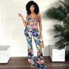 Women Printed Suspenders Hollow Waist Flared Jumpsuit