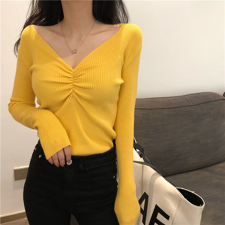 2 pieces Women Fashion Slim-Fit Sexy V-Neck Long Sleeve Knitted Base Shirt