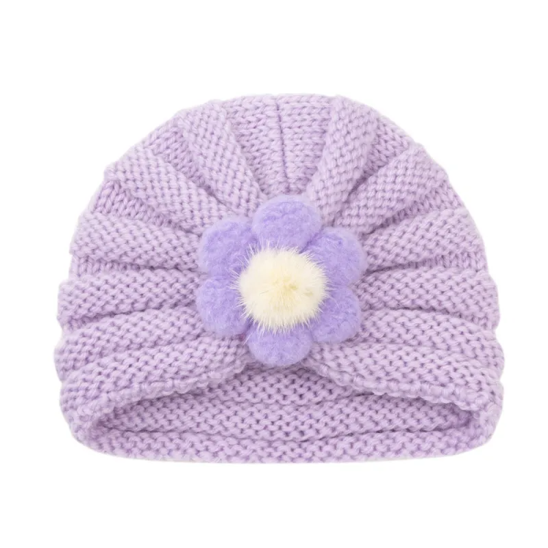 Kids Simple Solid Color Big Flower Warm Woolen Knitted Pullover Hat