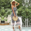 Women Vacation Chiffon Printed Ruffles Suspenders Bohemian Wide-Leg Jumpsuit