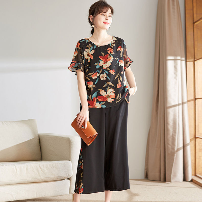 Women Summer Elegant Floral Short Sleeve Blouse And Loose Cropped Pants Office Chic Set