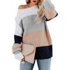 Women Casual Rainbow Color Stripe Stitching Pullover Loose Knitted Sweater