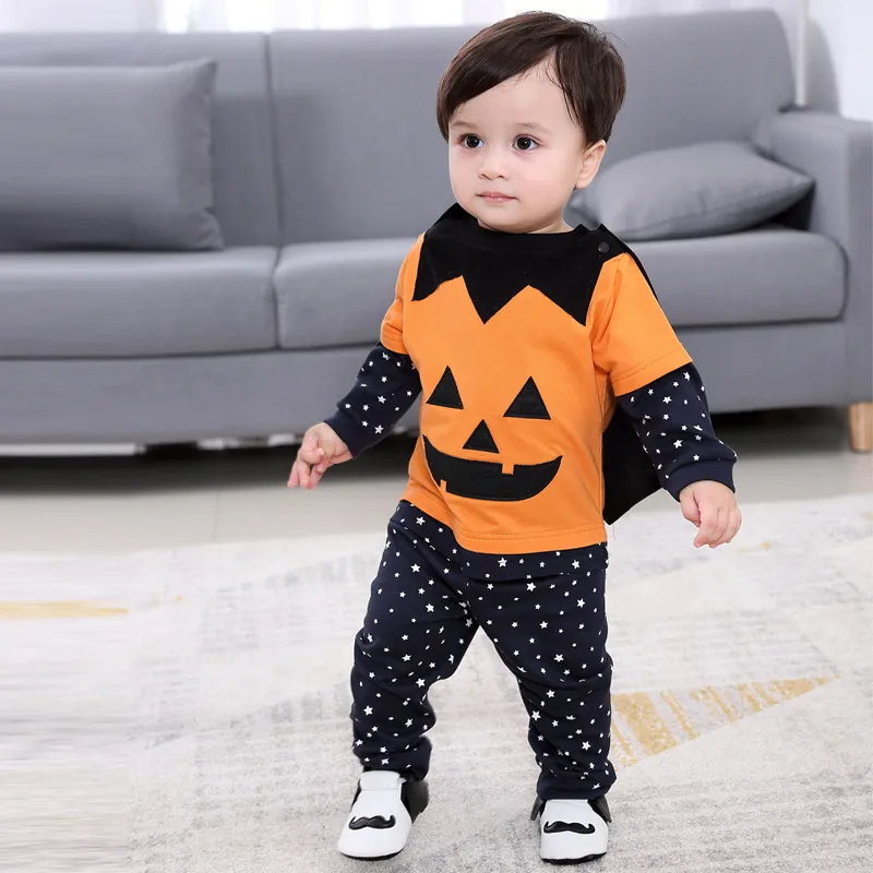 Kids Baby Girls Boys Autumn Winter Fashion Casual Cute Halloween Cotton Pumpkin Bat Round Neck Bodysuit Set