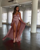 Sexy Women Elegant Solid Color Satin Spaghetti Strap Defined Waist Side-Slit Maxi Party Dress