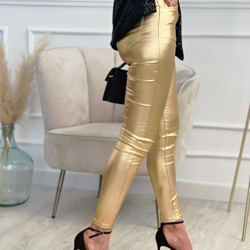 Women Casual Tight Pocket Design Metallic Solid Skinny Pants