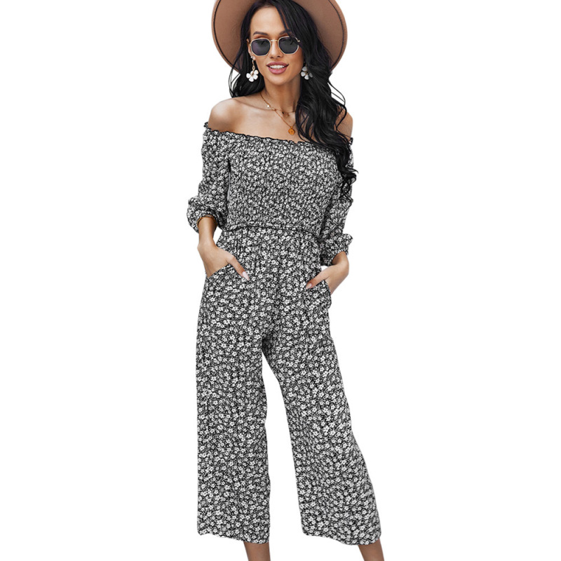 Women Vacation Long Sleeve Printed Pleated Waist Fashion Wide Leg Jumpsuit