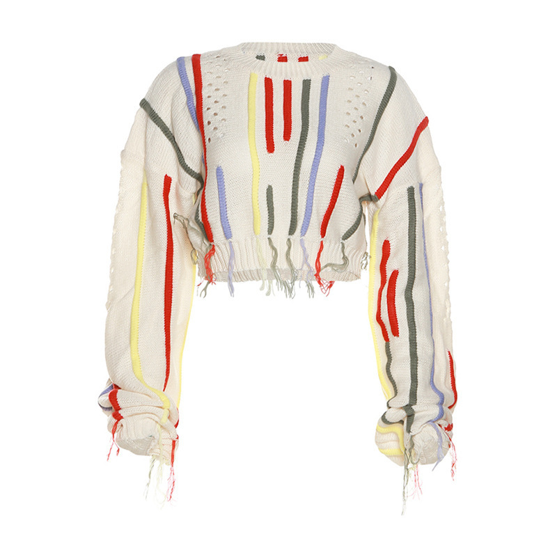 Women'S Fashion Color Block Fringed Sweater