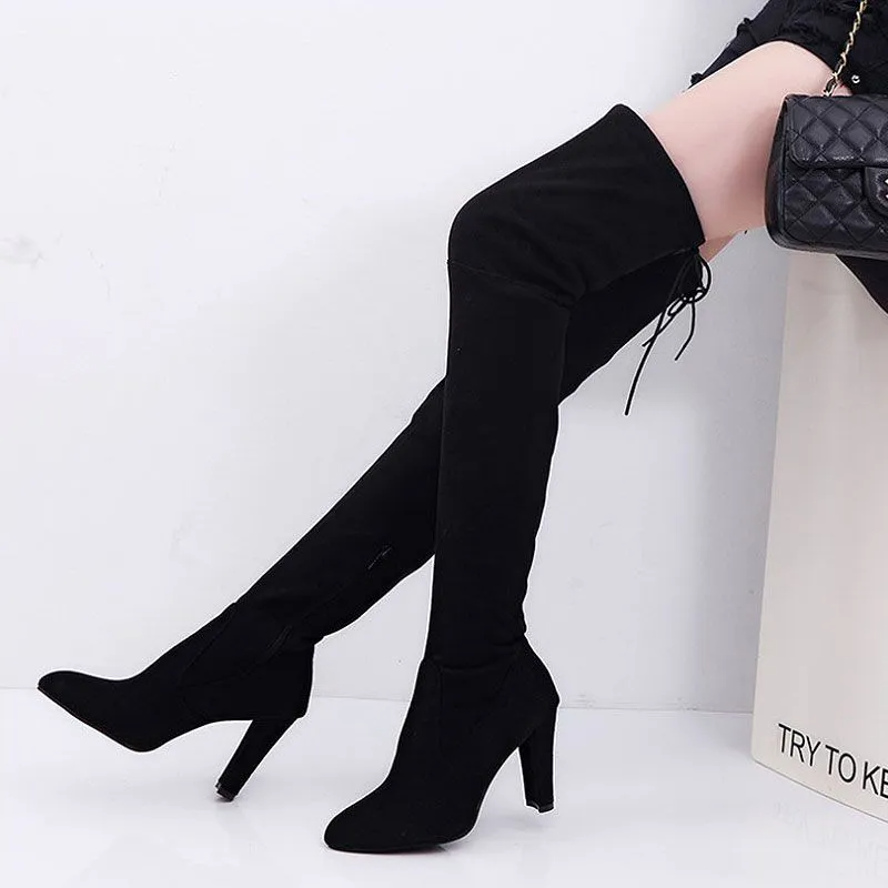 Suede Upper Round-Toe High Heel Solid Color Over The Knee Boots