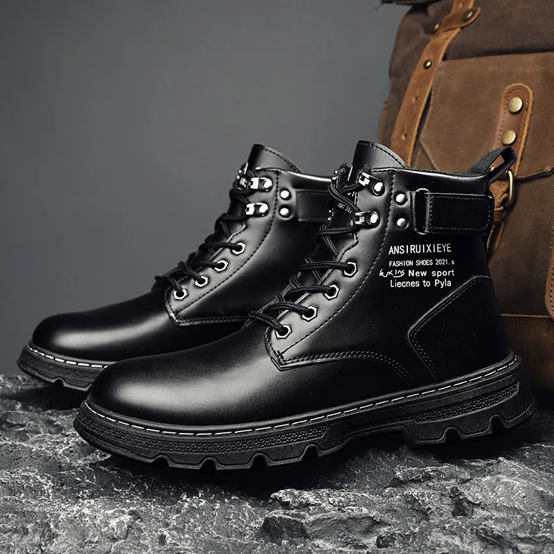 Men Classic Round Toe Lace-Up Letter Printed Solid Color PU Combat Ankle Boots