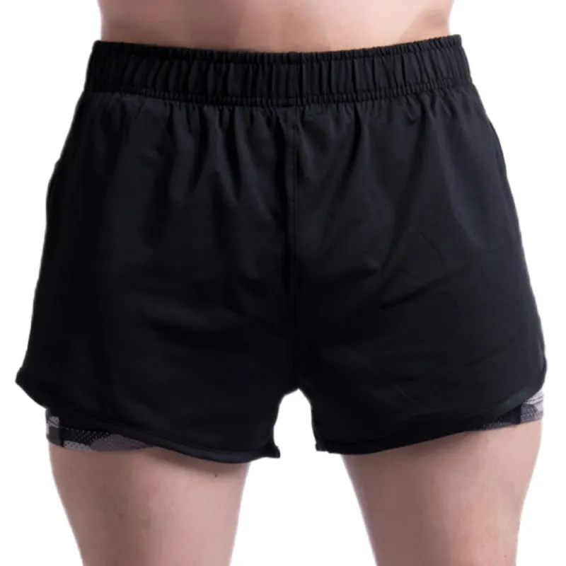 Men Casual Elastic Quick-Drying Fake Two-Piece Sports Shorts