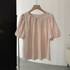 Summer Sweet Women Loose Round Neck Solid Color Puff Sleeve Blouse