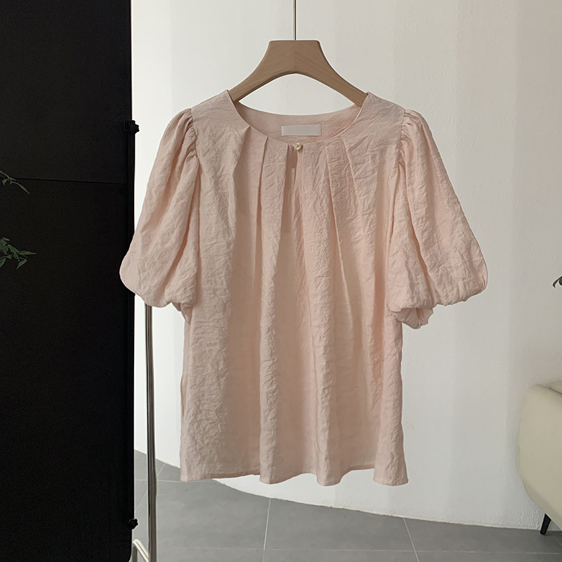 Summer Sweet Women Loose Round Neck Solid Color Puff Sleeve Blouse