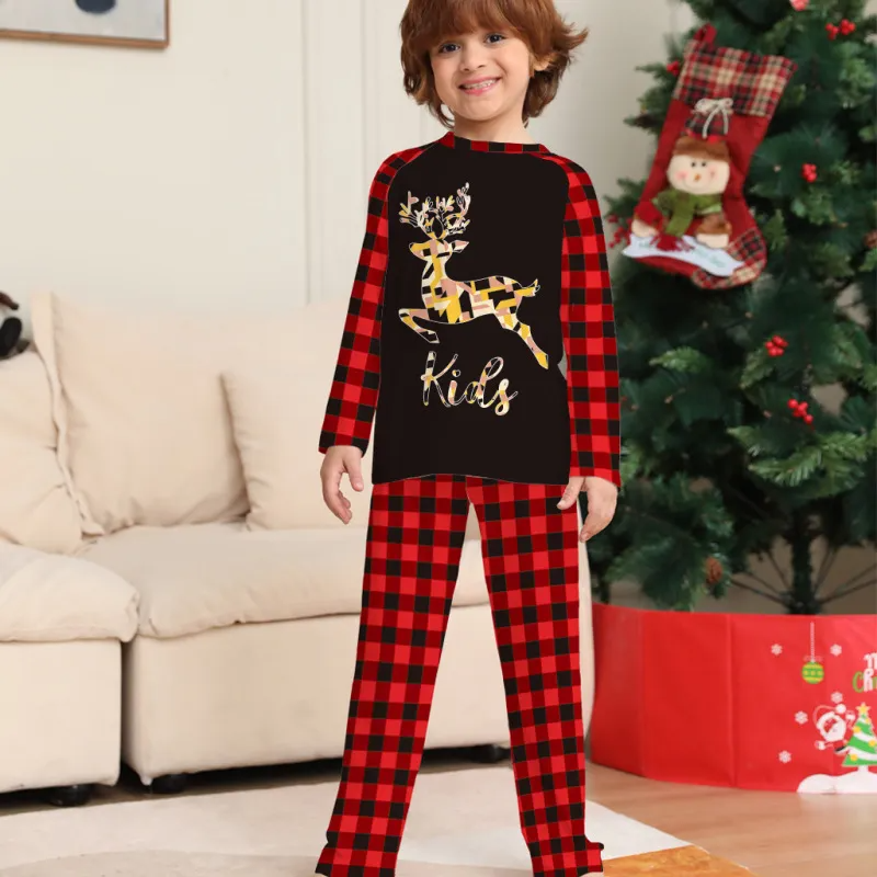 Christmas Cartoon Fashion Elk Plaid Print Round Neck Long Sleeve Parent-Child Pajamas Set