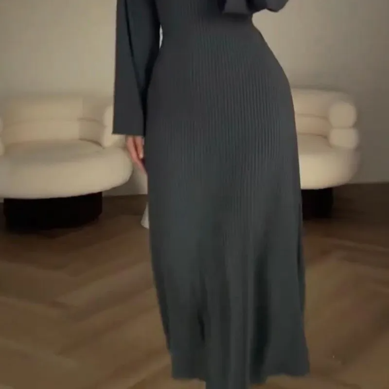 Women Fashion Casual Loose Solid Color Long Sleeve Maxi Dress