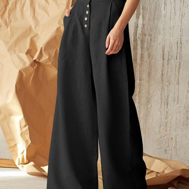 Women'S Casual Solid Color Cotton Linen Single-Breasted Button High Waist Wide Leg Pants