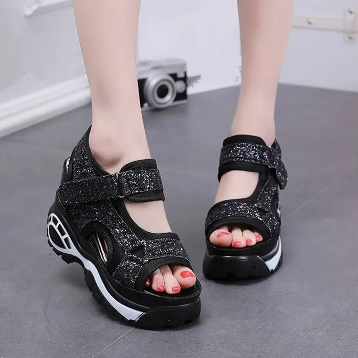 Women Fashion Peep Toe Muffin Thick-Soled Velcro Sequin Sandals