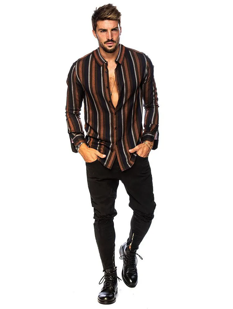 Men Fashion Stripe Print Long Sleeve Lapel Shirt