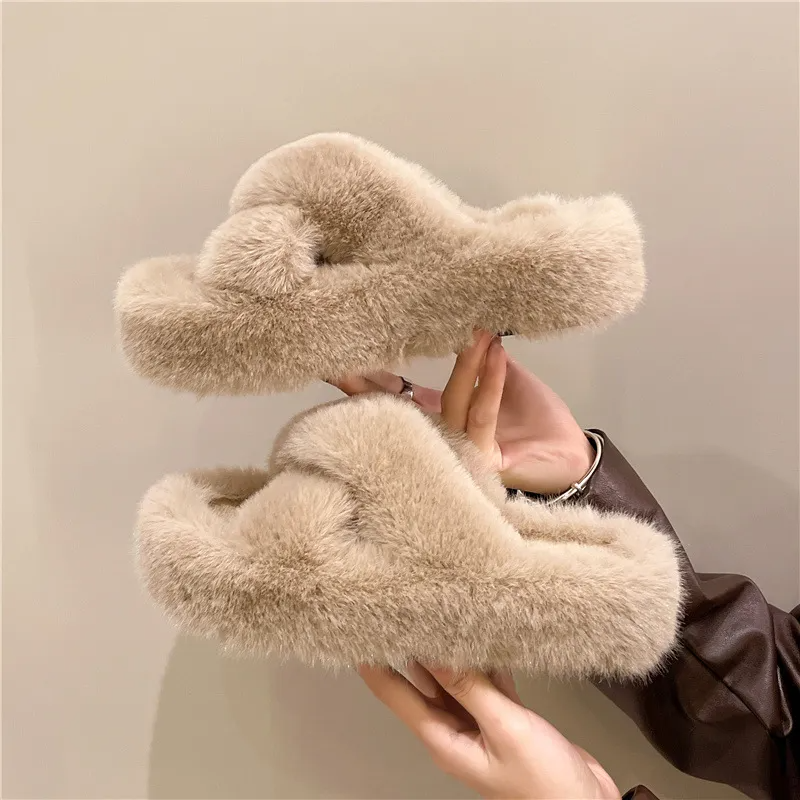 Autumn Winter Women Fashion Solid Color Cross Plush Round Toe Warm Home Slippers