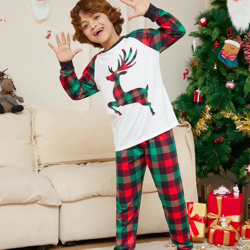 Christmas Fashion Cartoon Elk Plaid Print Parent-Child Pajamas Set