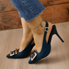 Women Fashion Casual Plus Size Solid Color Pointed Toe Metal Buckle Sling Back High Heel Sandals