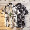 Men Vintage Short Sleeve Lapel Single-Breasted Letter Printed Shirt