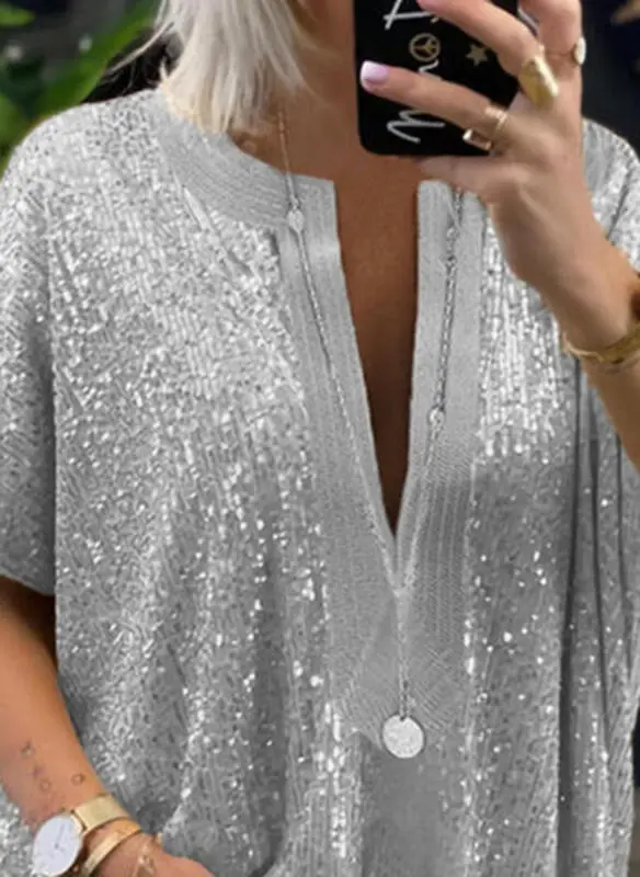 Women Fashion Sexy Deep V-Neck Sequin Stitching Top