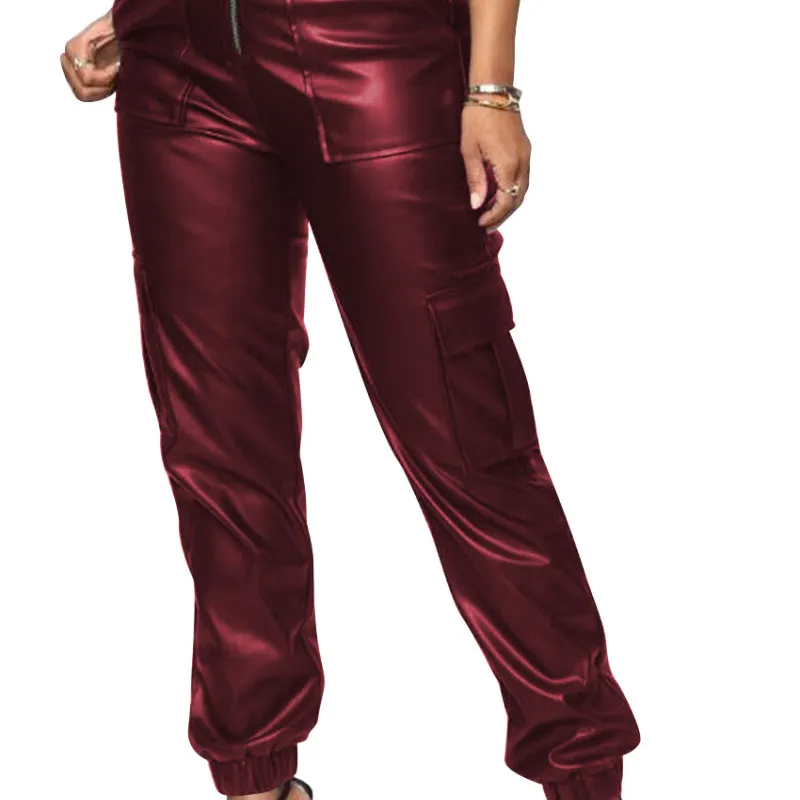 Women Fashion Solid Color Zipper PU Jogger Cargo Pants