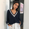 2 Pieces Women Casual Stitching Color Loose V-Neck Long-Sleeved Knitted Sweater