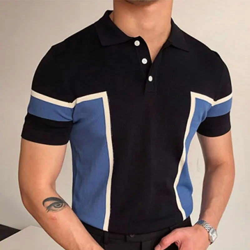 Men Fashion Patchwork Lapel Short Sleeve Knit Polo Shirt