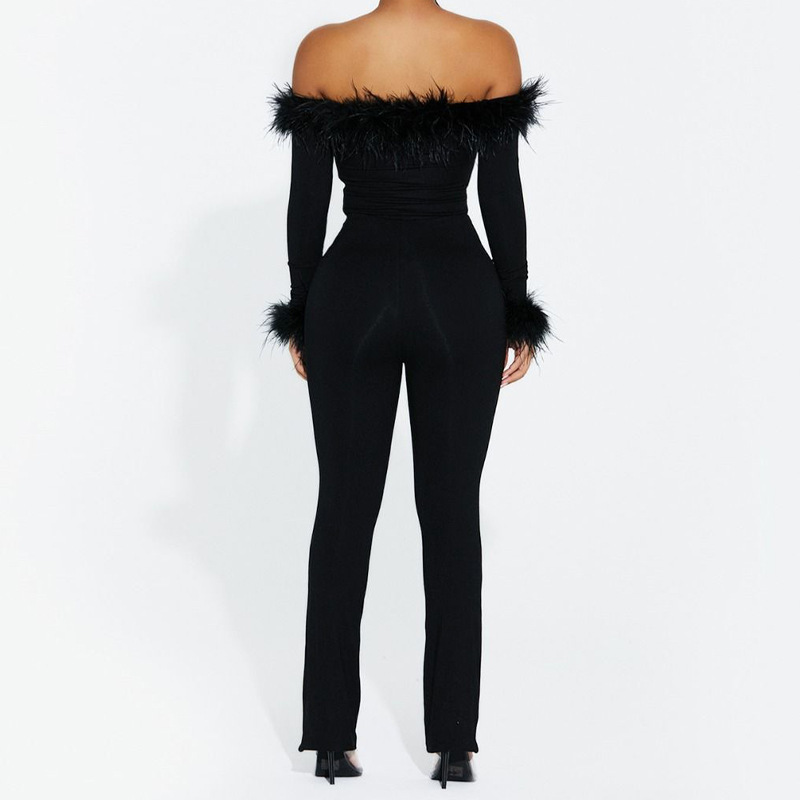 Women Solid Color Feather Long Sleeve One-Word Neck Slim Waist Fashion Jumpsuit