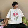 Men Fashion Casual Basic Letter Flower Pattern Short Sleeve Round Neck Loose T-Shirt